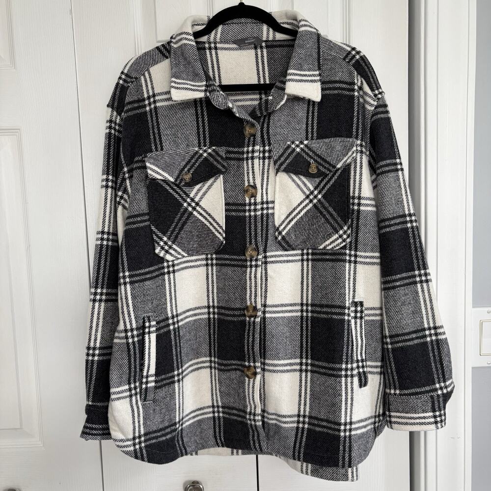 Members Mark Plaid Shacket XL Black Gray Ivory Oversized Button Front Cabin Core